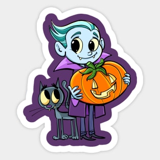 little dracula holds a pumpkin for halloween and the cat flies around his legs Sticker